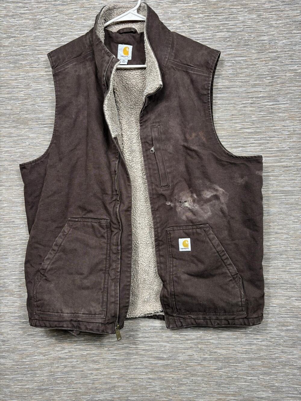 Carhartt Vest Mens XLT Brown Sherpa Lined Canvas Insulated Workwear 104277 DKB
